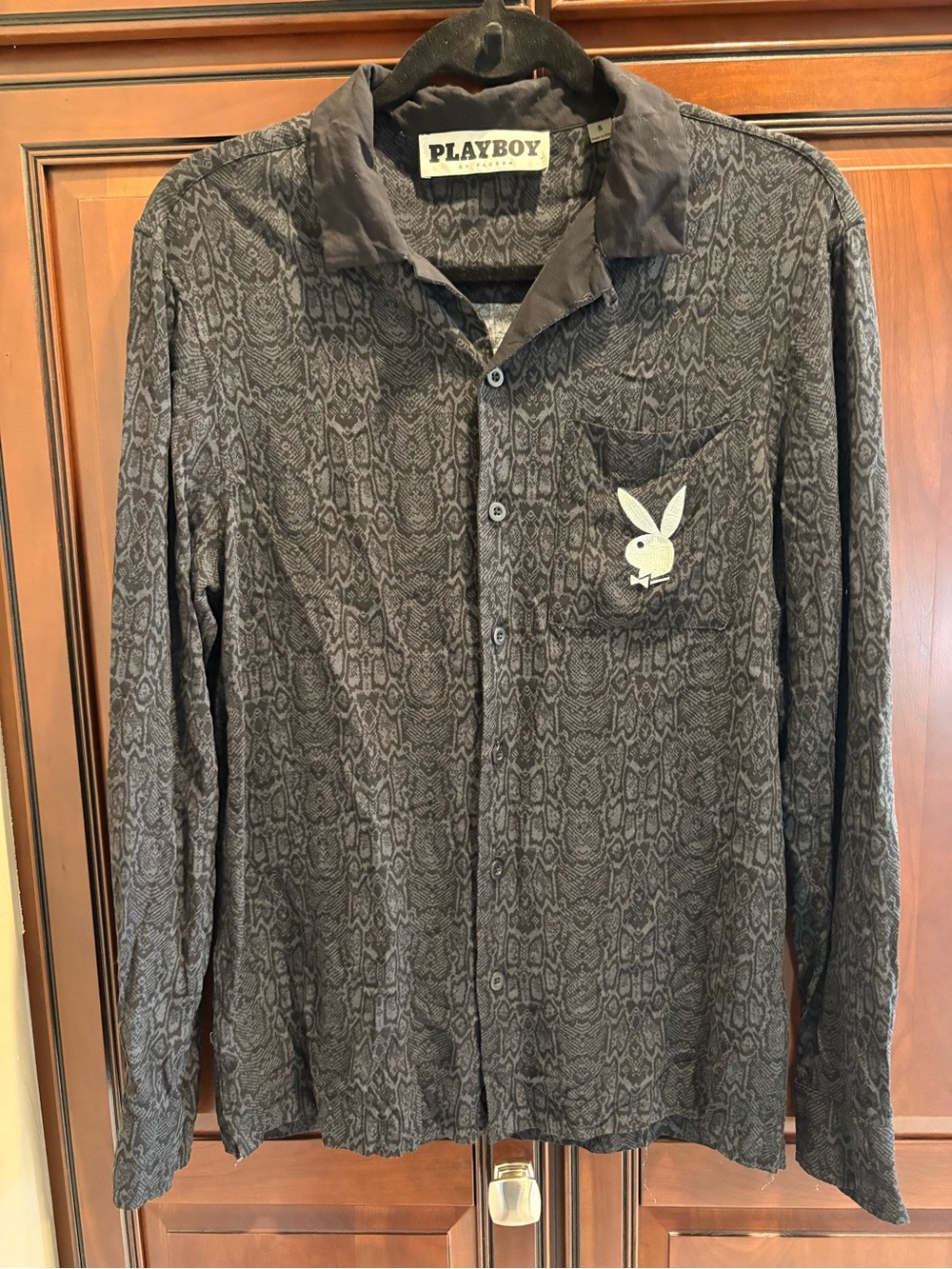 PacSun “Playboy” Gray/Black Snake Skin Print Long-sleeve Button Down Shirt - S